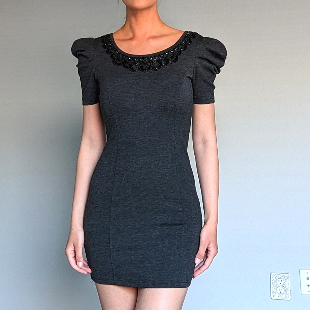 Dark grey cocktail dress, black beads along collar, size S